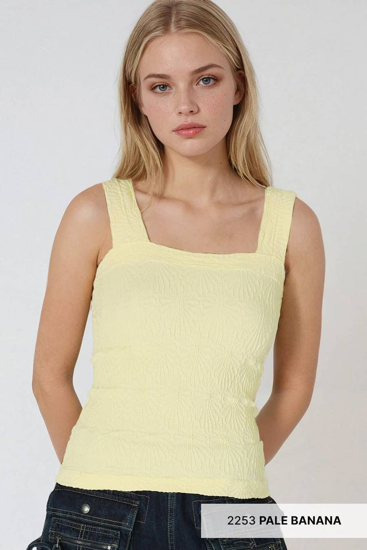 Lace Textured Square Tank Top | Fitted Stretch Seamless Camisole – Made in USA
