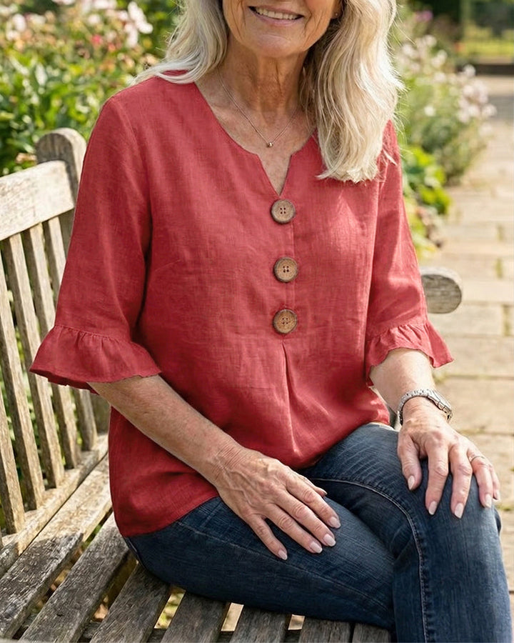 Solid Color Cotton-Linen Blouse with Buttons and Ruffles