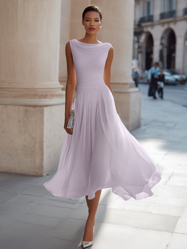 Vivian | Pleated Midi Dress with Draped Neck
