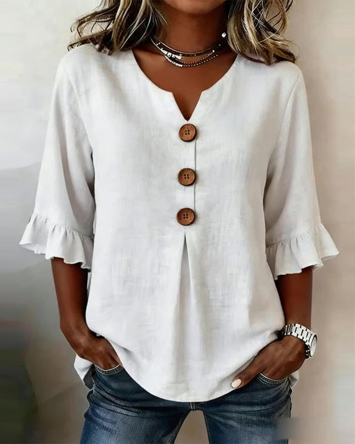 Solid Color Cotton-Linen Blouse with Buttons and Ruffles