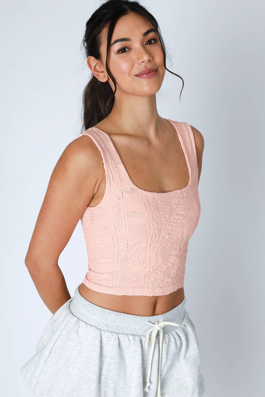 Double Lace Square Neck Crop Tank Top – Floral Lace Fitted Stretch Cami for Women