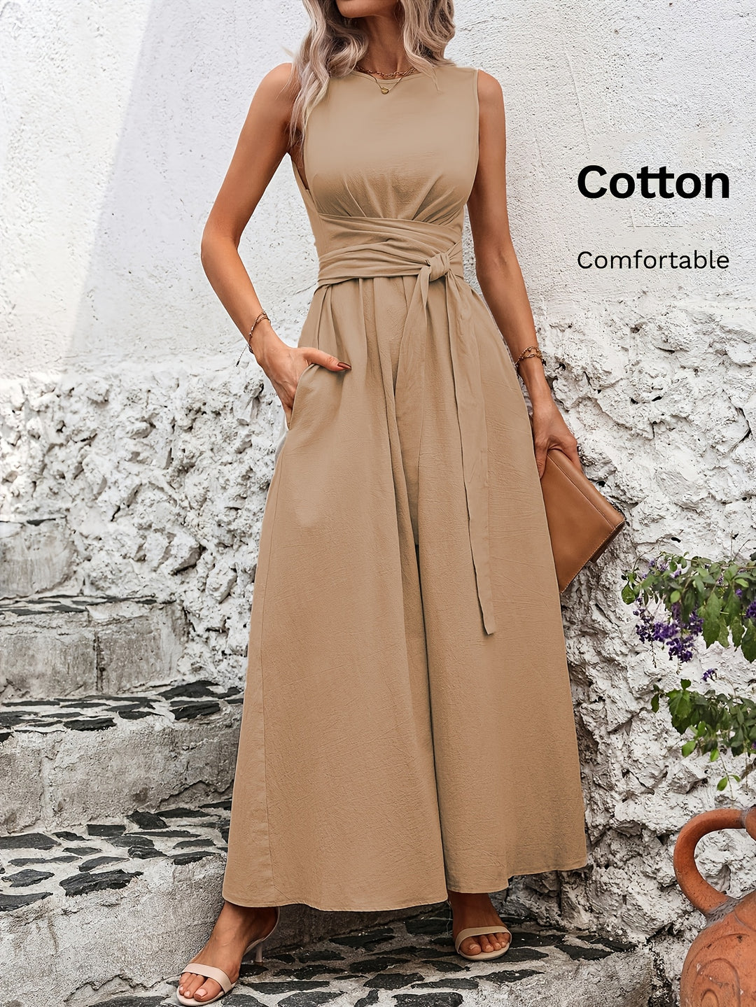 Effen kleur casual mouwloze jurk met strik