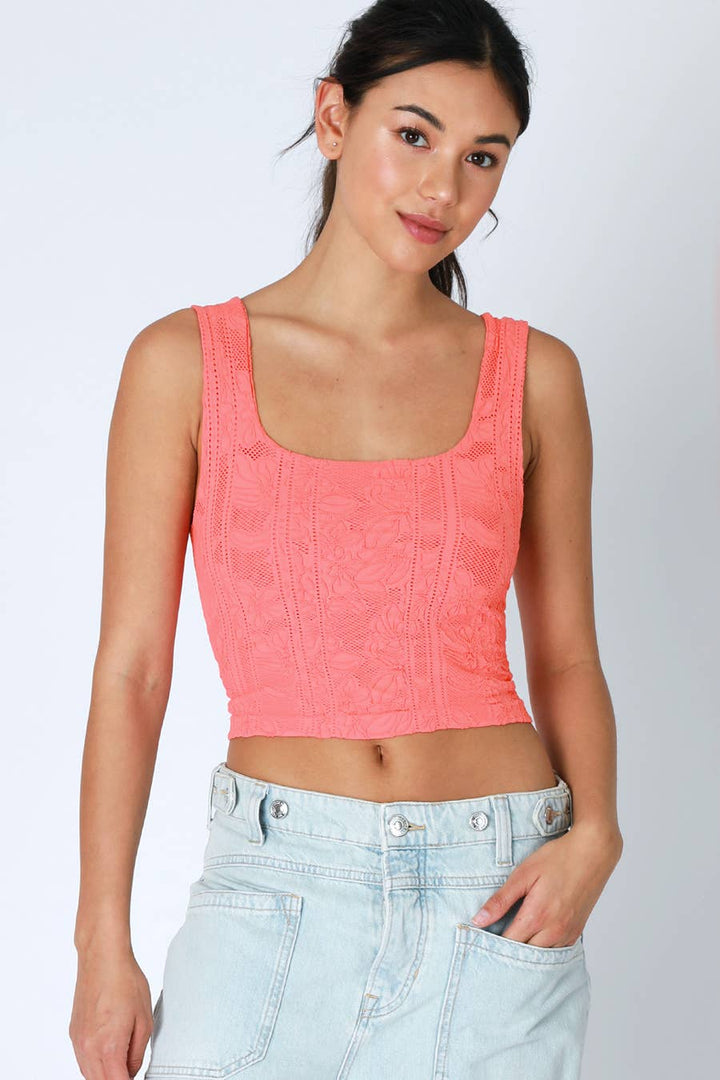 Double Lace Square Neck Crop Tank Top – Floral Lace Fitted Stretch Cami for Women