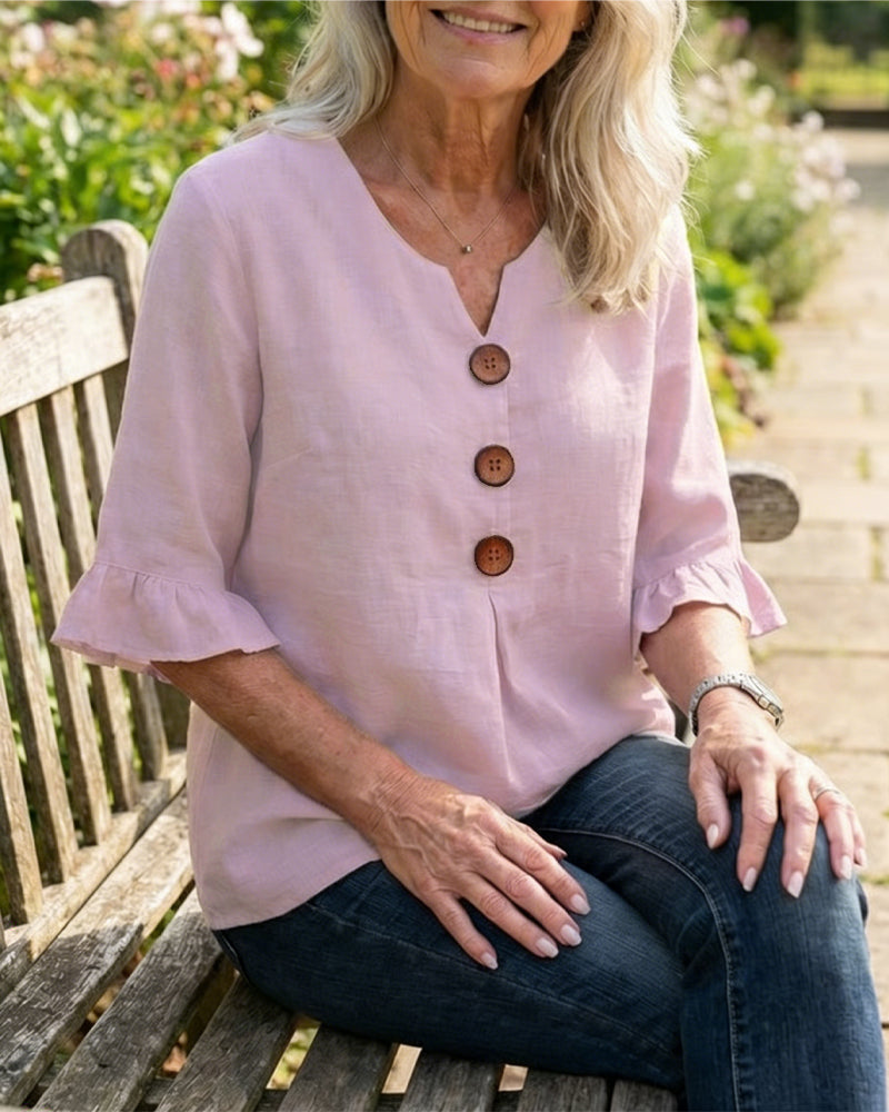Solid Color Cotton-Linen Blouse with Buttons and Ruffles
