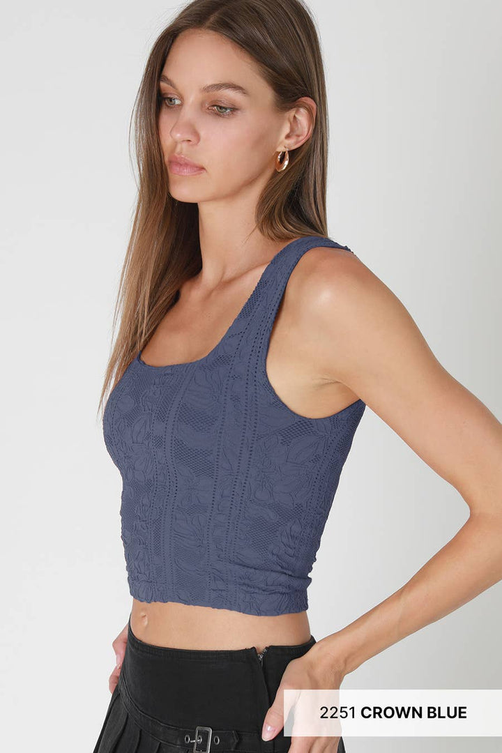 Double Lace Square Neck Crop Tank Top – Floral Lace Fitted Stretch Cami for Women