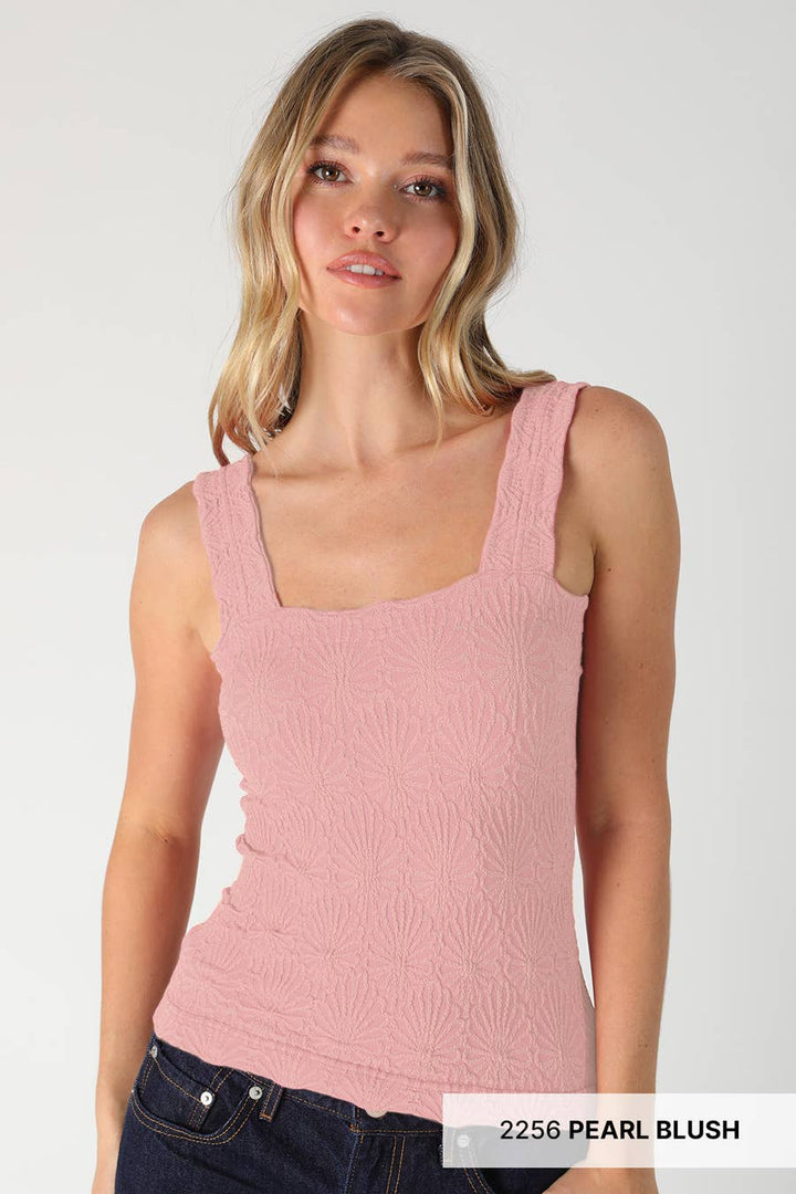 Lace Textured Square Tank Top | Fitted Stretch Seamless Camisole – Made in USA