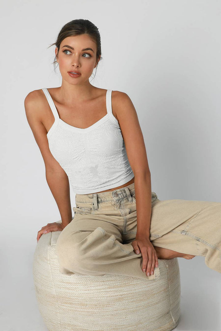 Lace V Neck Top | Women’s Feminine Knit Tank with Floral Detail
