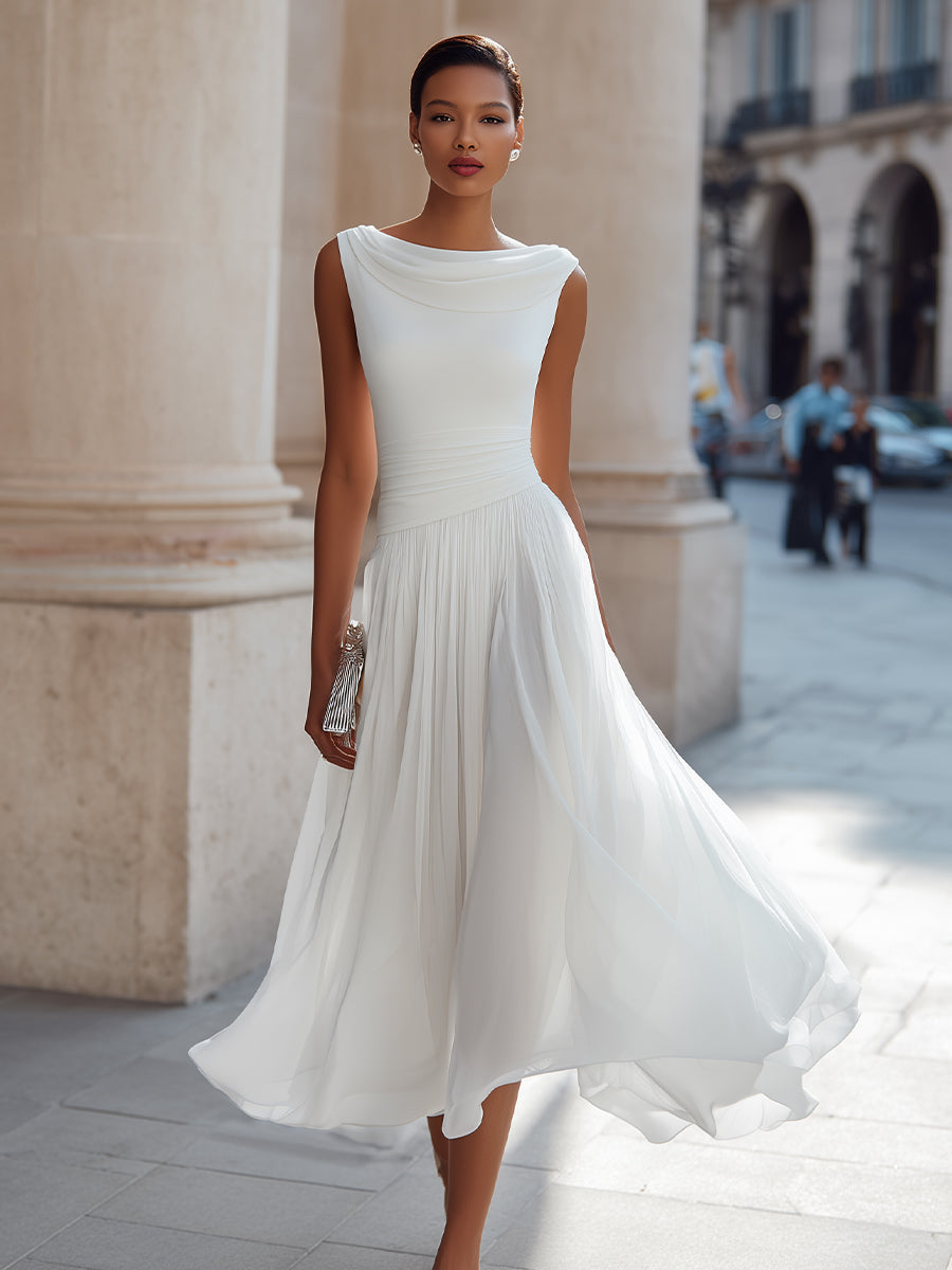 Vivian | Pleated Midi Dress with Draped Neck