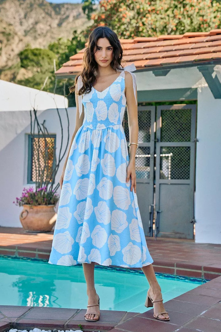 Brynn | Shell Print Shoulder Tie Midi Dress