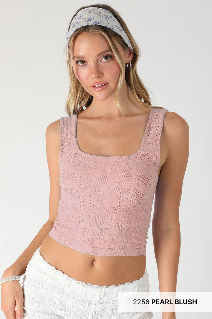 Double Lace Square Neck Crop Tank Top – Floral Lace Fitted Stretch Cami for Women