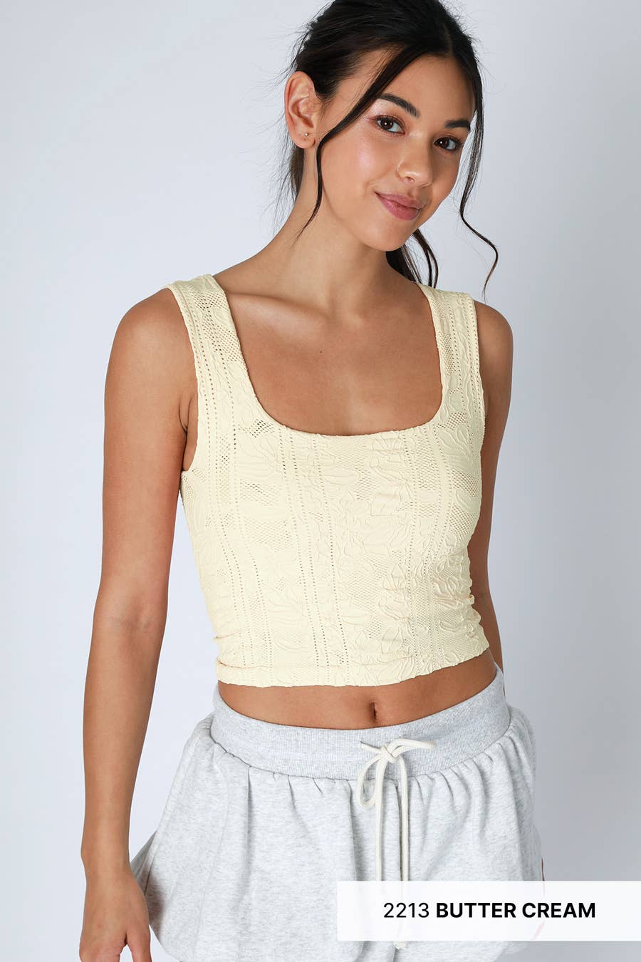 Double Lace Square Neck Crop Tank Top – Floral Lace Fitted Stretch Cami for Women
