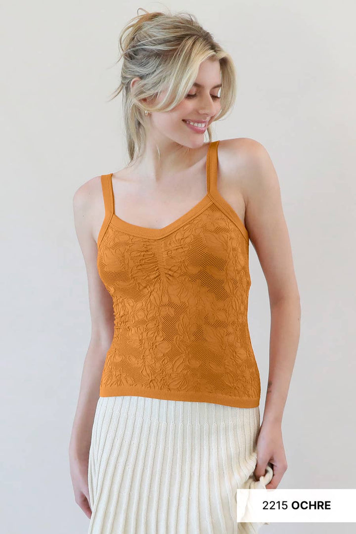 Lace V Neck Top | Women’s Feminine Knit Tank with Floral Detail