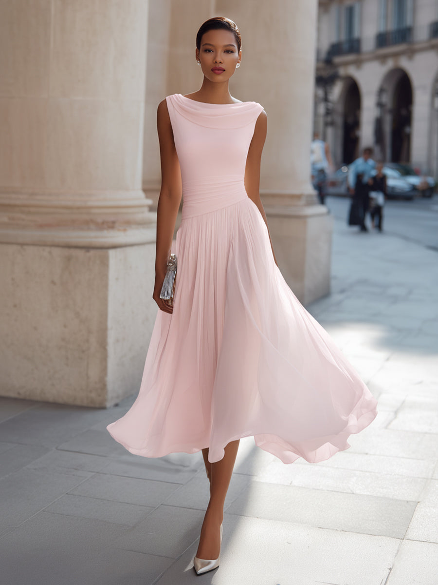 Vivian | Pleated Midi Dress with Draped Neck