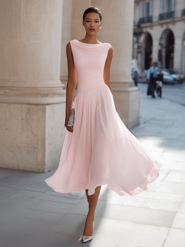 Vivian | Pleated Midi Dress with Draped Neck