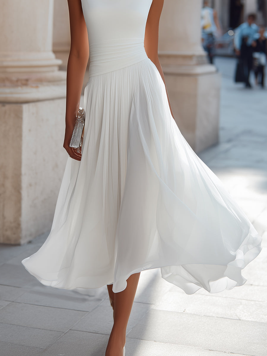 Vivian | Pleated Midi Dress with Draped Neck