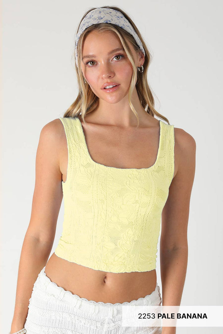 Double Lace Square Neck Crop Tank Top – Floral Lace Fitted Stretch Cami for Women