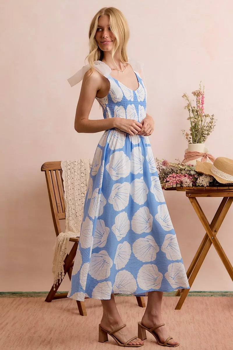 Brynn | Shell Print Shoulder Tie Midi Dress