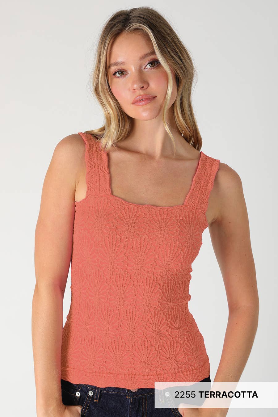 Lace Textured Square Tank Top | Fitted Stretch Seamless Camisole – Made in USA