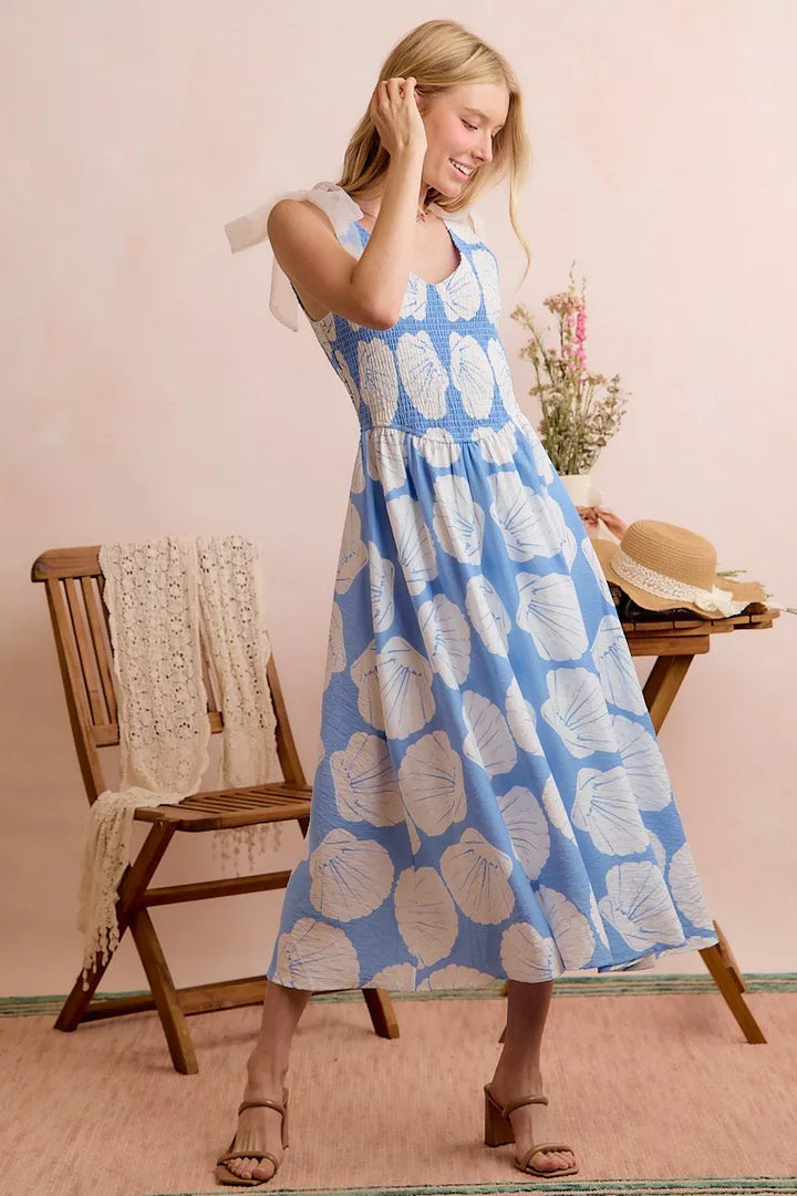 Brynn | Shell Print Shoulder Tie Midi Dress