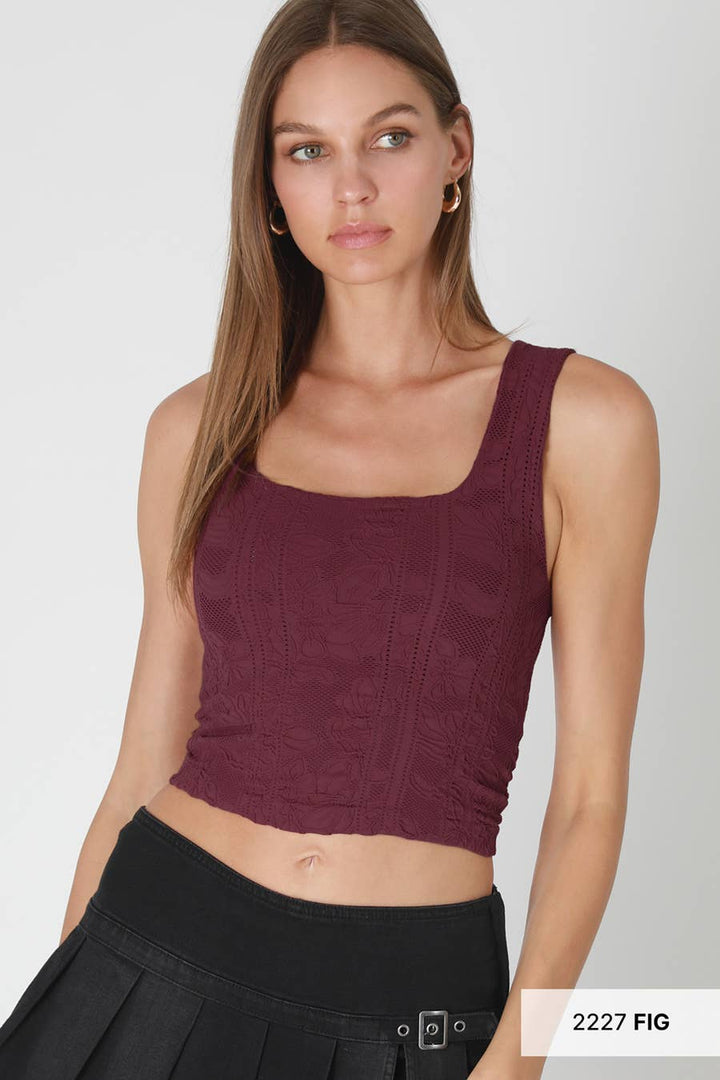 Double Lace Square Neck Crop Tank Top – Floral Lace Fitted Stretch Cami for Women