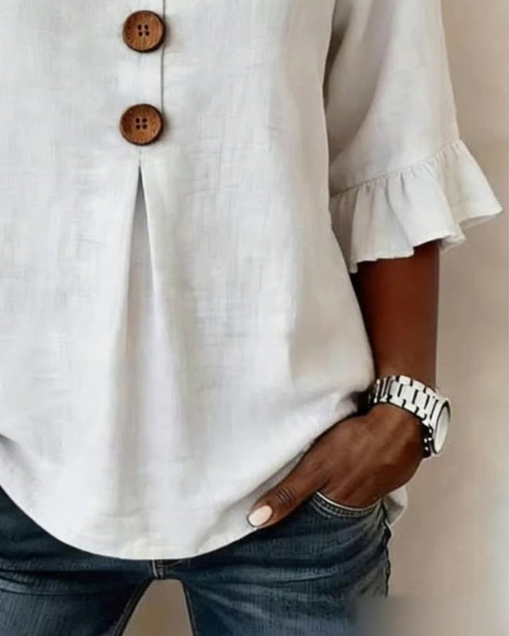 Solid Color Cotton-Linen Blouse with Buttons and Ruffles