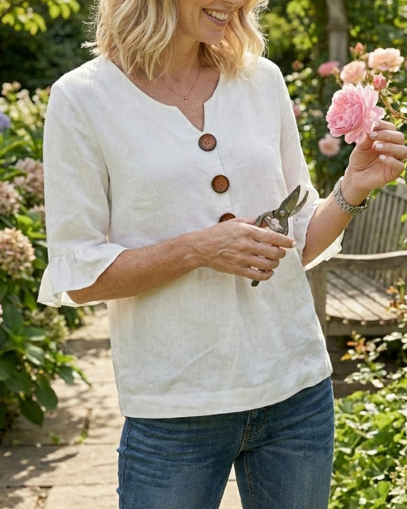 Solid Color Cotton-Linen Blouse with Buttons and Ruffles