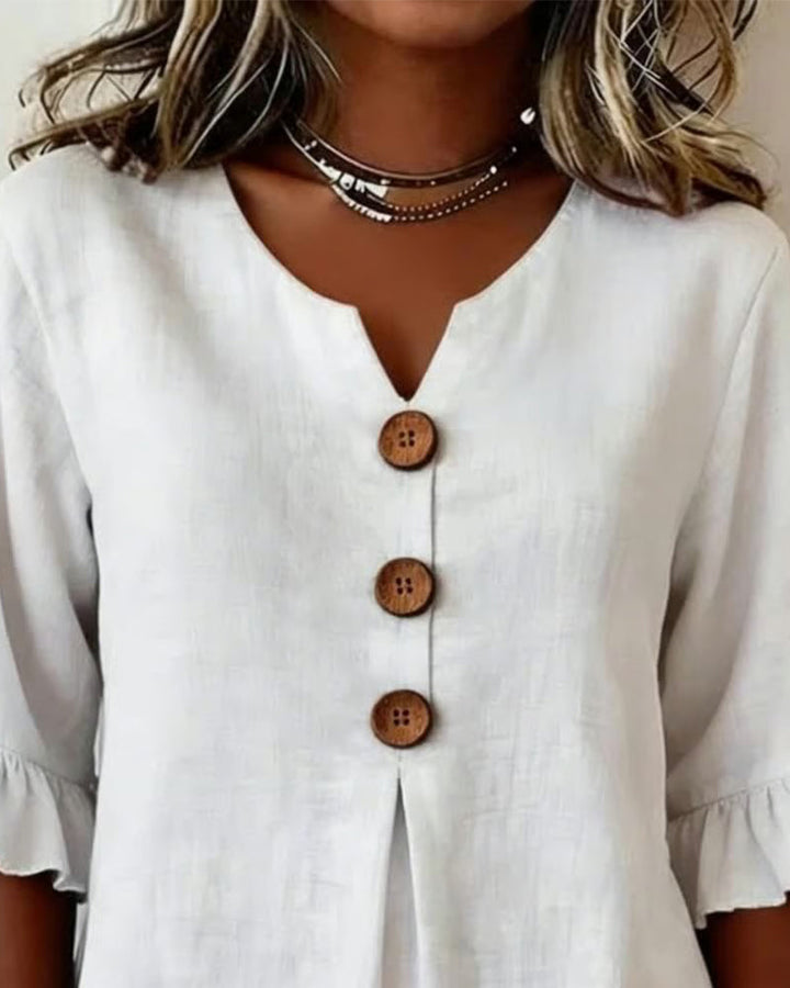 Solid Color Cotton-Linen Blouse with Buttons and Ruffles