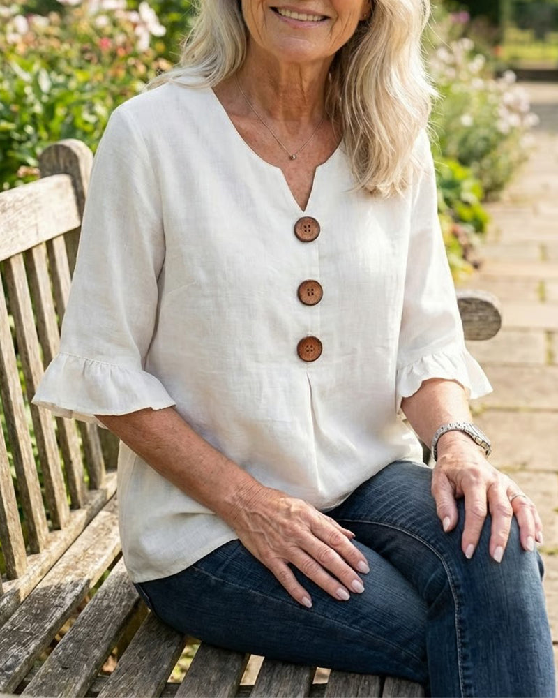 Solid Color Cotton-Linen Blouse with Buttons and Ruffles