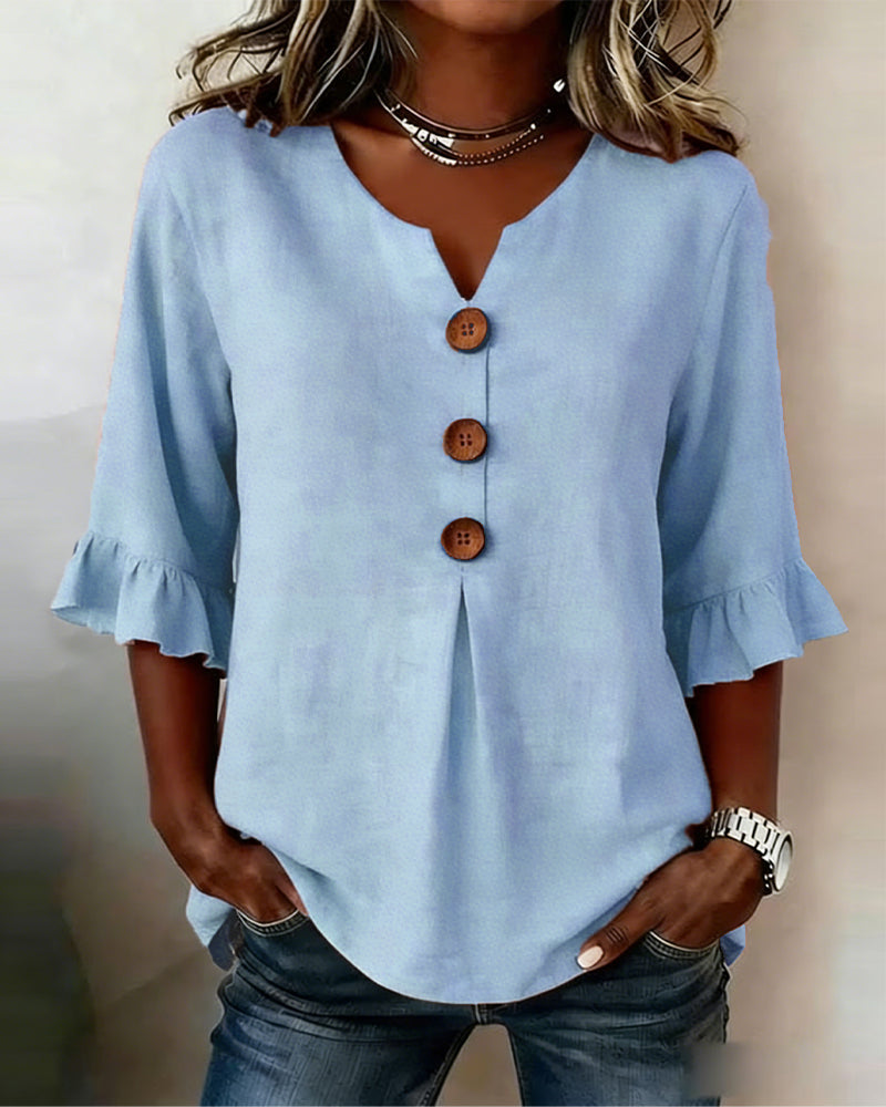 Solid Color Cotton-Linen Blouse with Buttons and Ruffles