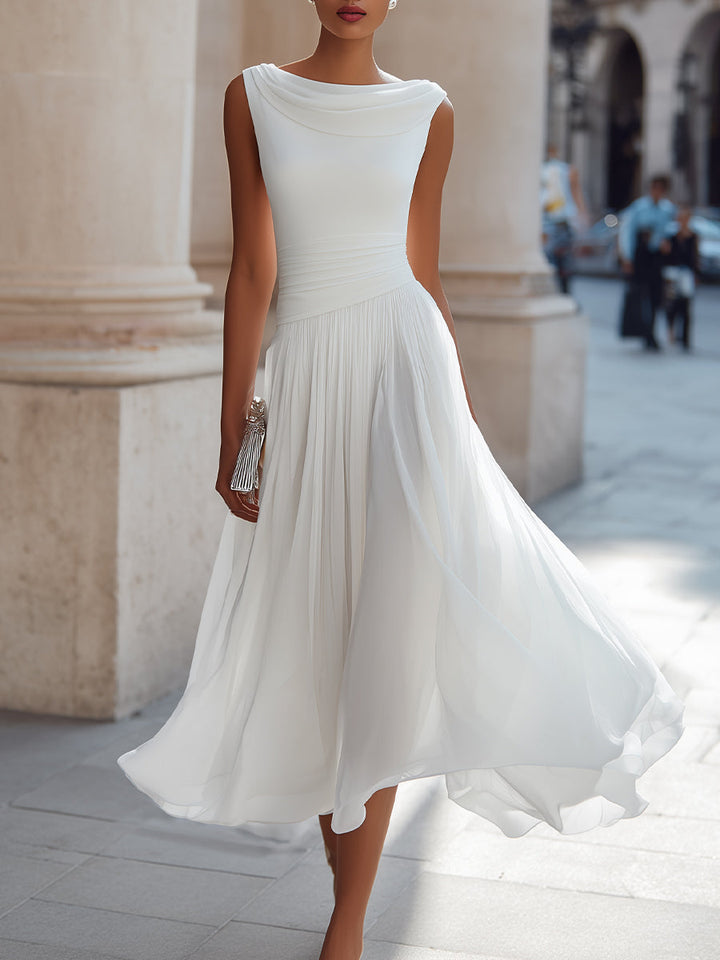 Vivian | Pleated Midi Dress with Draped Neck