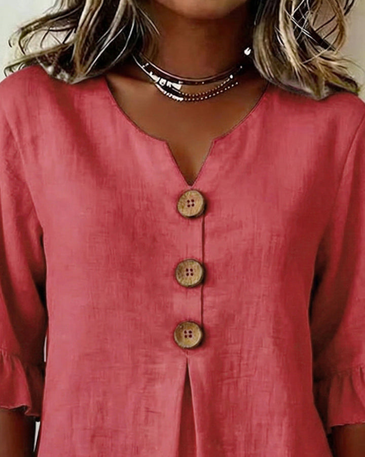 Solid Color Cotton-Linen Blouse with Buttons and Ruffles