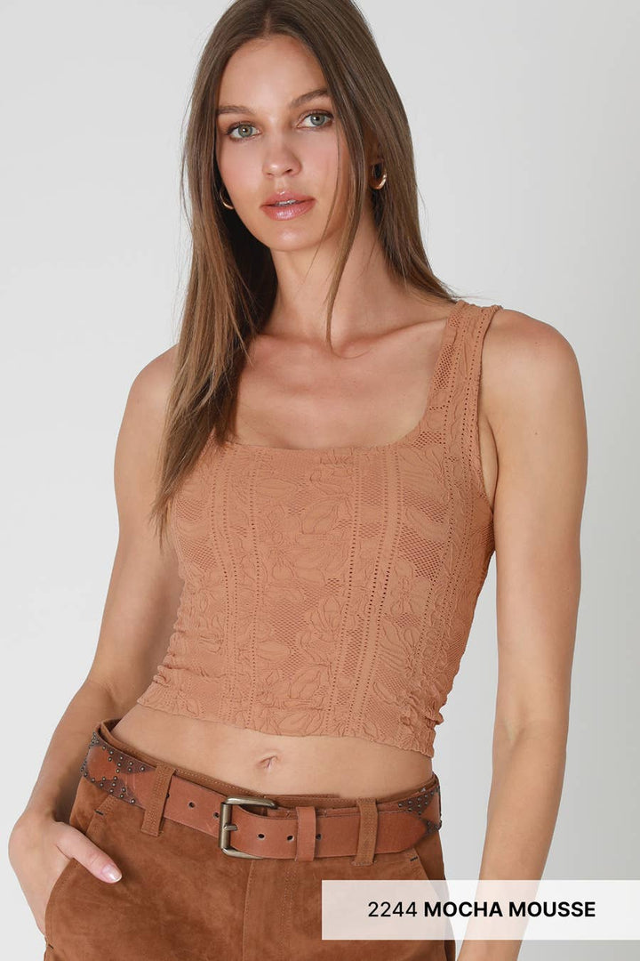 Double Lace Square Neck Crop Tank Top – Floral Lace Fitted Stretch Cami for Women