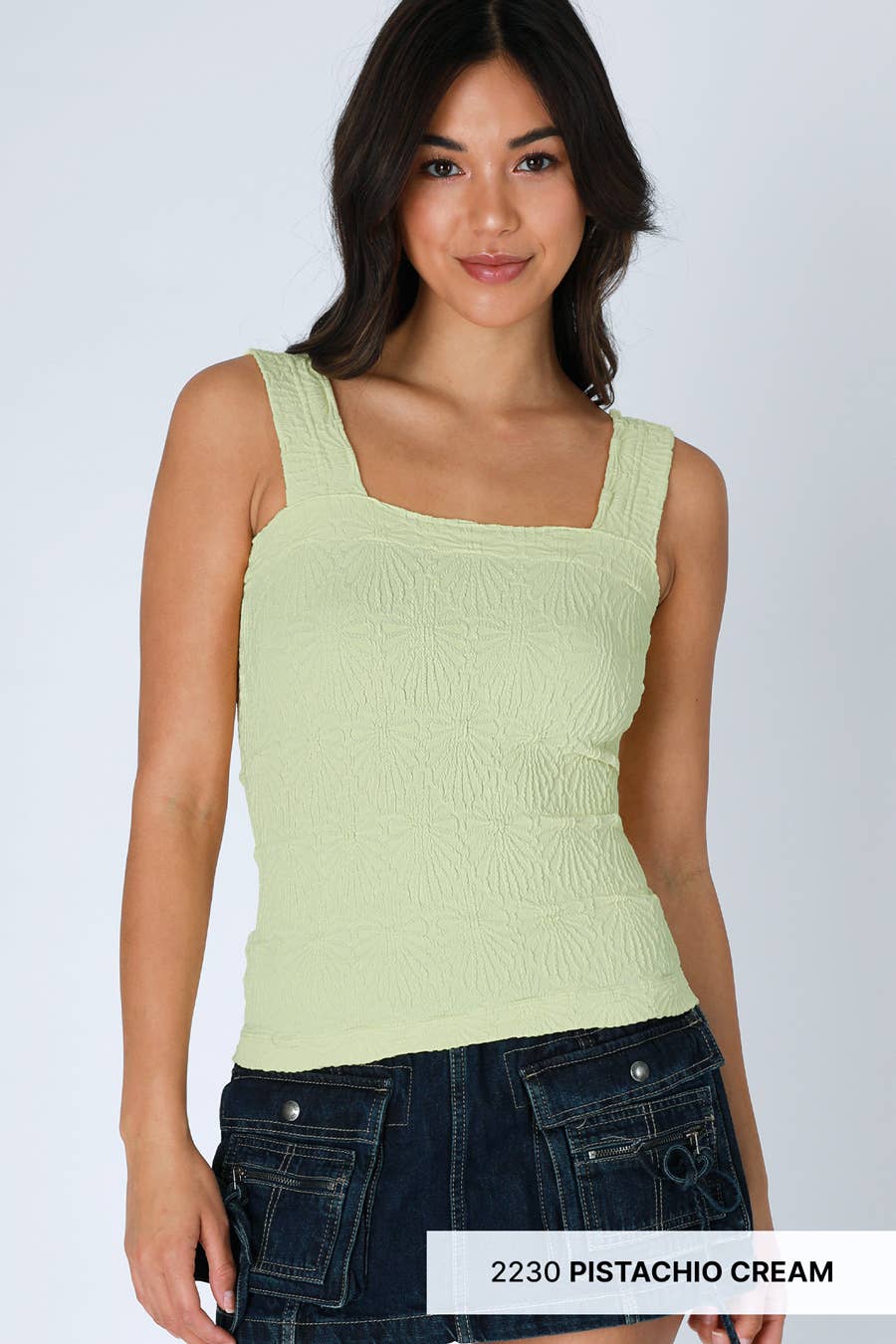 Lace Textured Square Tank Top | Fitted Stretch Seamless Camisole – Made in USA