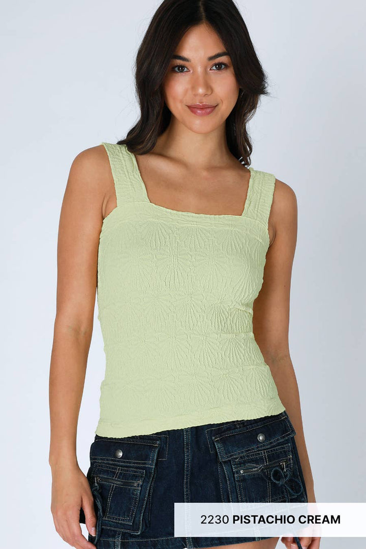 Lace Textured Square Tank Top | Fitted Stretch Seamless Camisole – Made in USA