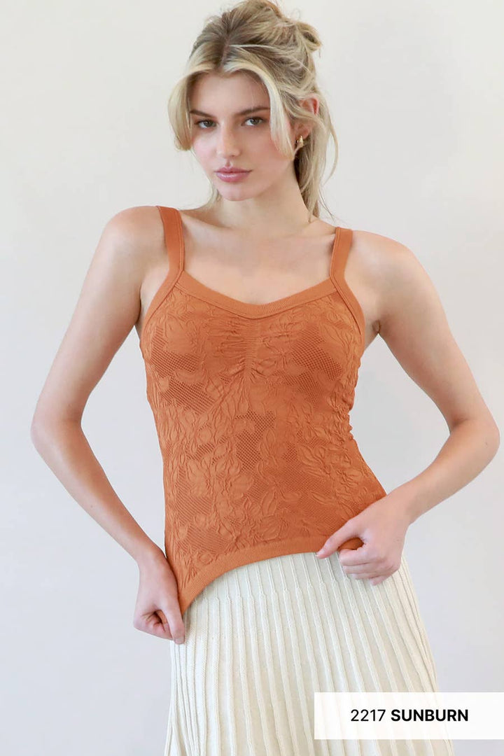Lace V Neck Top | Women’s Feminine Knit Tank with Floral Detail
