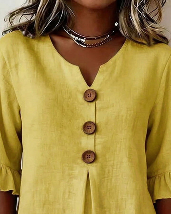 Solid Color Cotton-Linen Blouse with Buttons and Ruffles