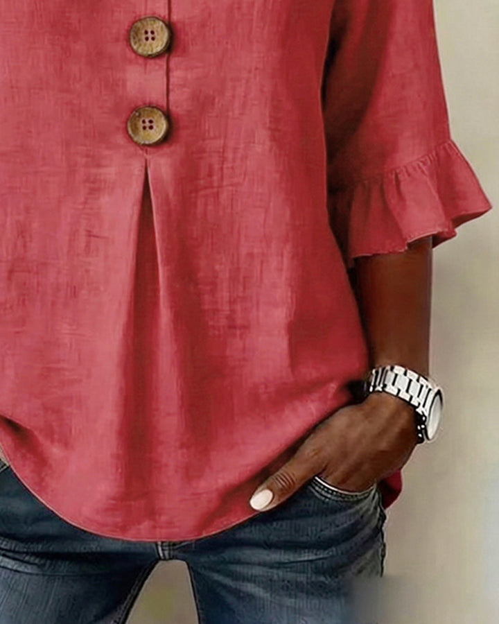 Solid Color Cotton-Linen Blouse with Buttons and Ruffles