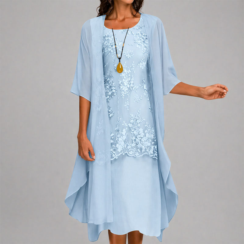 Aimee - Women's Layered Midi Dress with Sheer Overlay