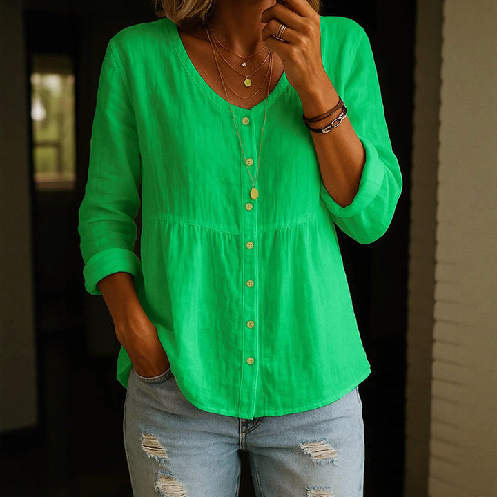 Alaina - Women's Cotton V-Neck Button Front Relaxed Blouse