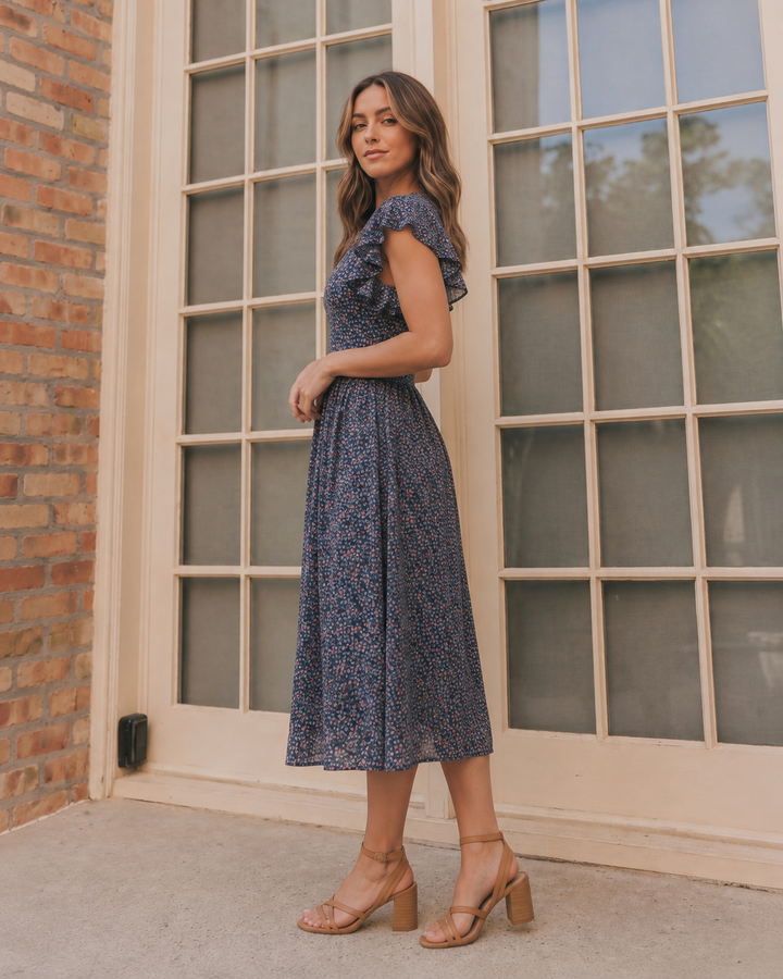 Black Floral Flutter Sleeve Midi Dress
