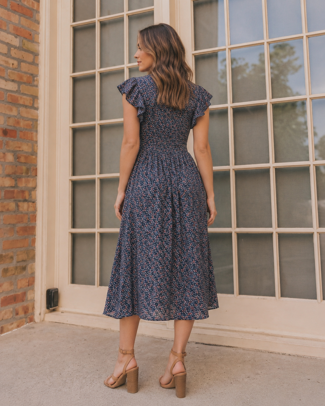 Black Floral Flutter Sleeve Midi Dress