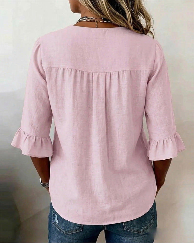 Solid Color Cotton-Linen Blouse with Buttons and Ruffles