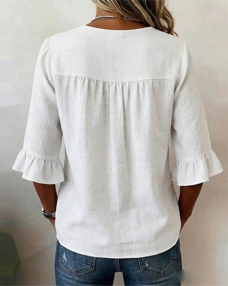 Solid Color Cotton-Linen Blouse with Buttons and Ruffles