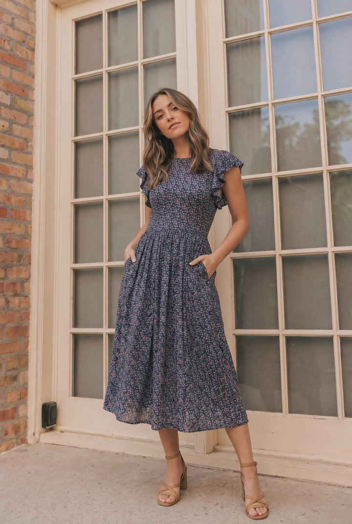 Black Floral Flutter Sleeve Midi Dress