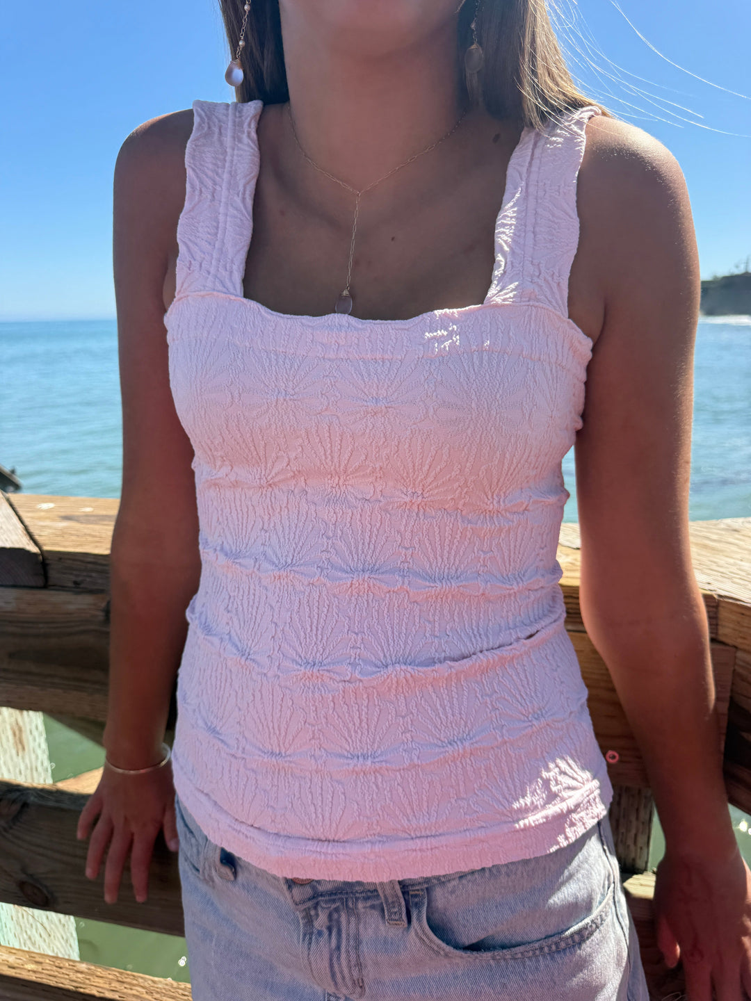 Lace Textured Square Tank Top | Fitted Stretch Seamless Camisole – Made in USA