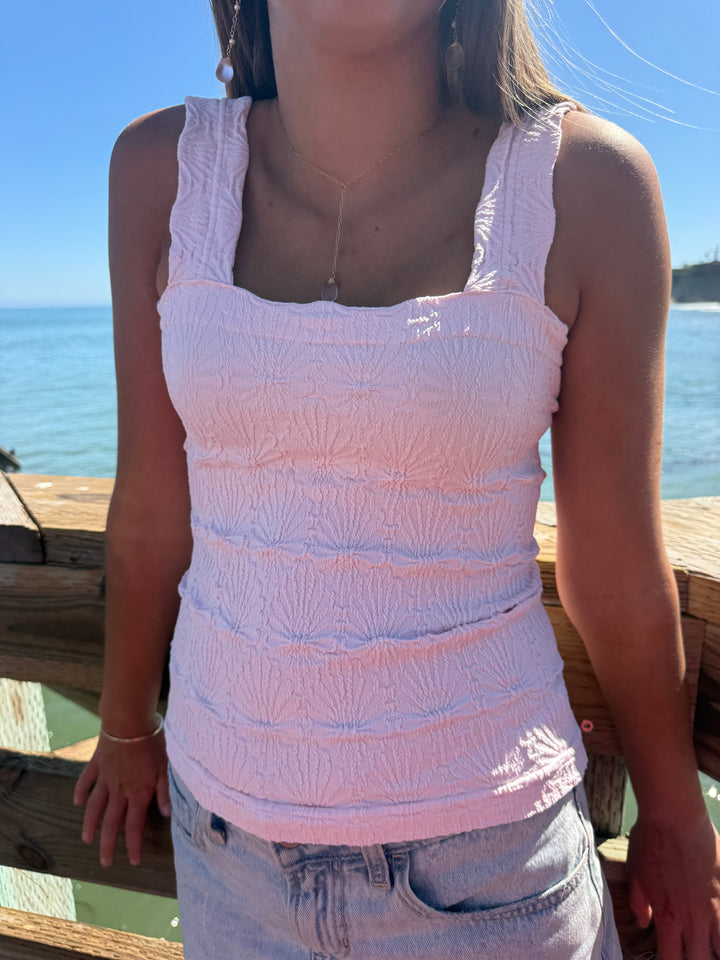 Lace Textured Square Tank Top | Fitted Stretch Seamless Camisole – Made in USA