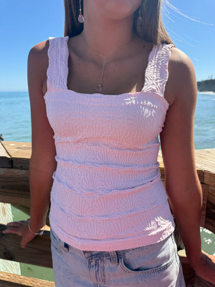 Lace Textured Square Tank Top | Fitted Stretch Seamless Camisole – Made in USA