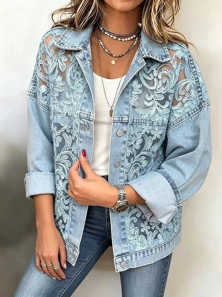 2026 Nieuwe Vrouwen Kant Gesplitst Denim Jas Losse Casual Revers Lange Mouw Single Breasted Korte Jas Mode Streetwear Bovenkleding