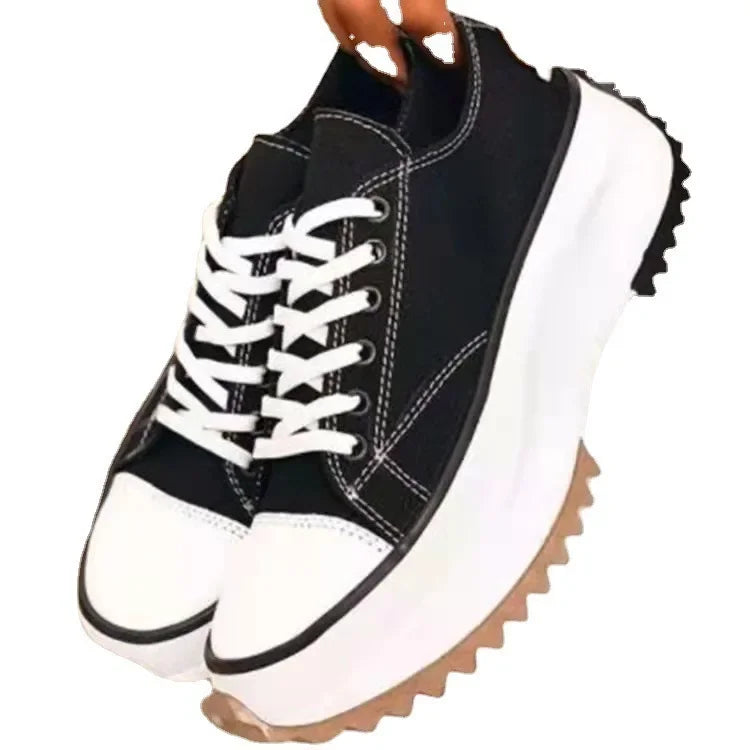 Spring Hot Sale Of The Season Women's Low-Top Thick-Heeled Canvas Shoes Adhesive Flat Heel Single Shoes Rubber Outsole Pure Colo