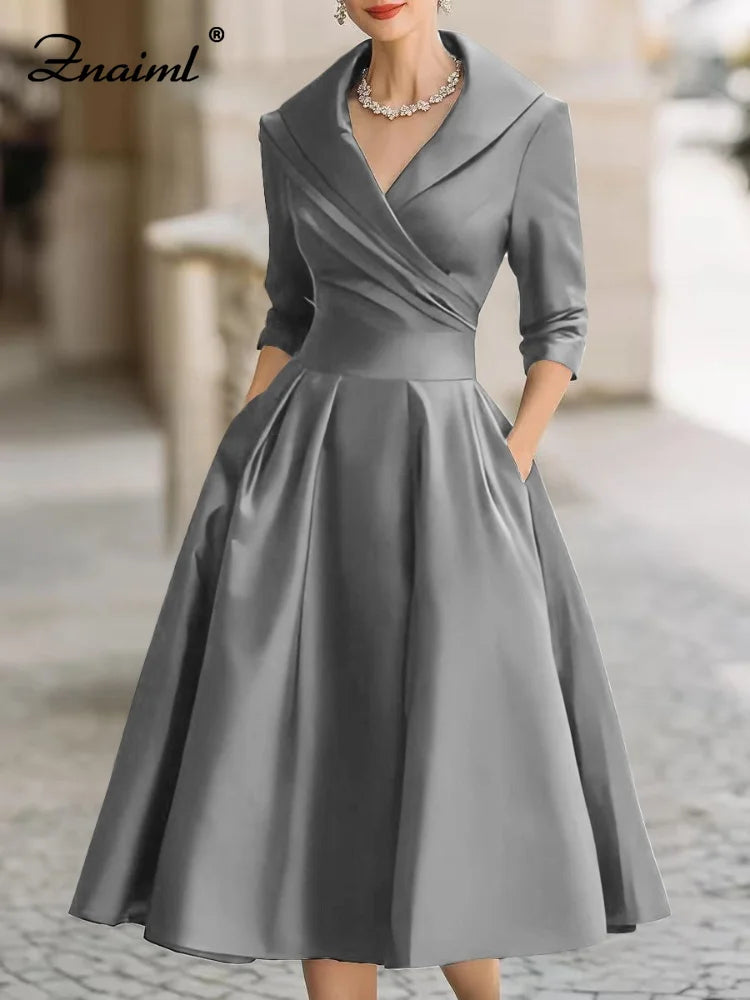Znaiml Women's Satin A-Line Dress Lapel Collar Long Sleeve Ruched Waist Flared Hem Formal Dresses for Wedding Guest Cocktail